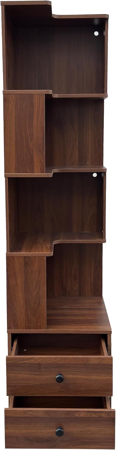 Corner Bookshelf with Drawers and LED Lights, 4-Tier Corner Bookcase with Baffle, Freestanding L-Shaped Display Shelf Stand for Home Office, Living Room, Walnut