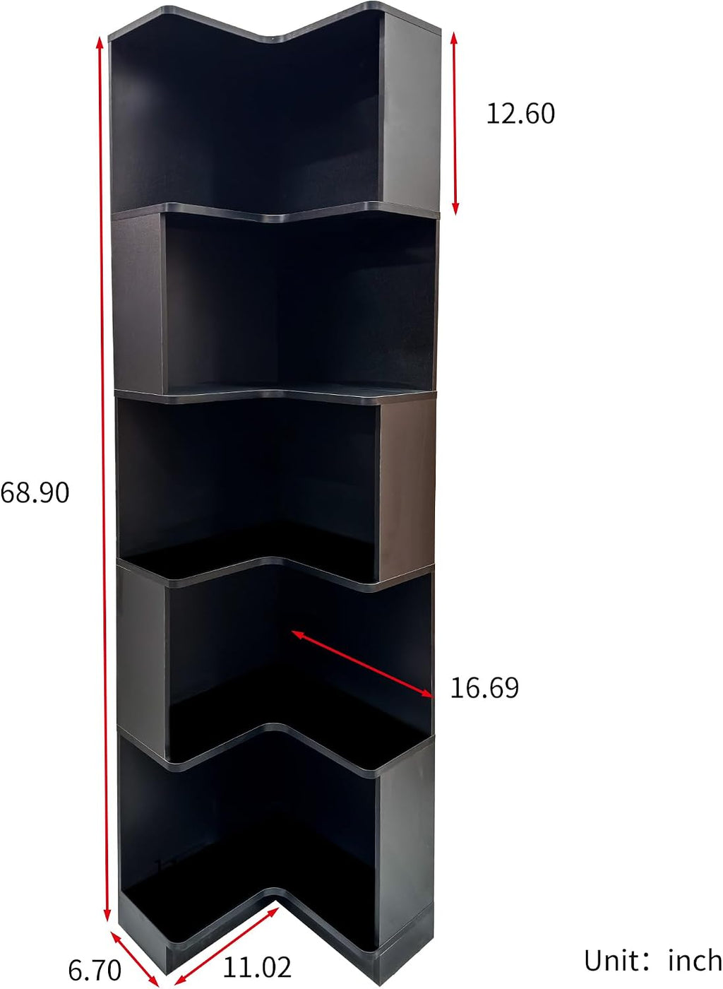 5-Tier Corner Bookshelf with LED Lights, Farmhouse Corner Shelf with Storage and Baffle, Freestanding L-Shaped Bookcase for Home Office Living Room Apartment, Black