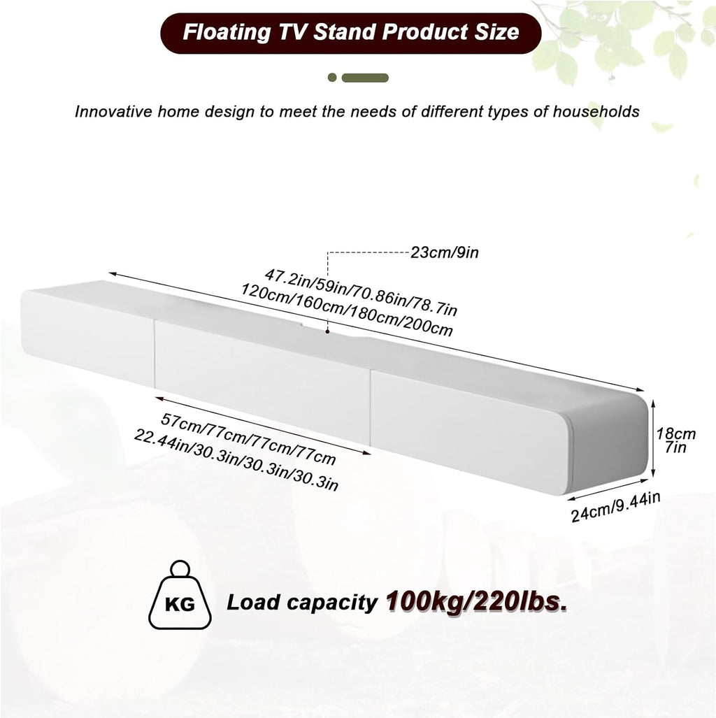 FPIGSHS Wall Mounted Media Console with 2 Drawers Solid Wood Floating TV Stand Hanging TV Shelf Entertainment Center TV Cabinet, for Home Office (A, 160cm/63in)