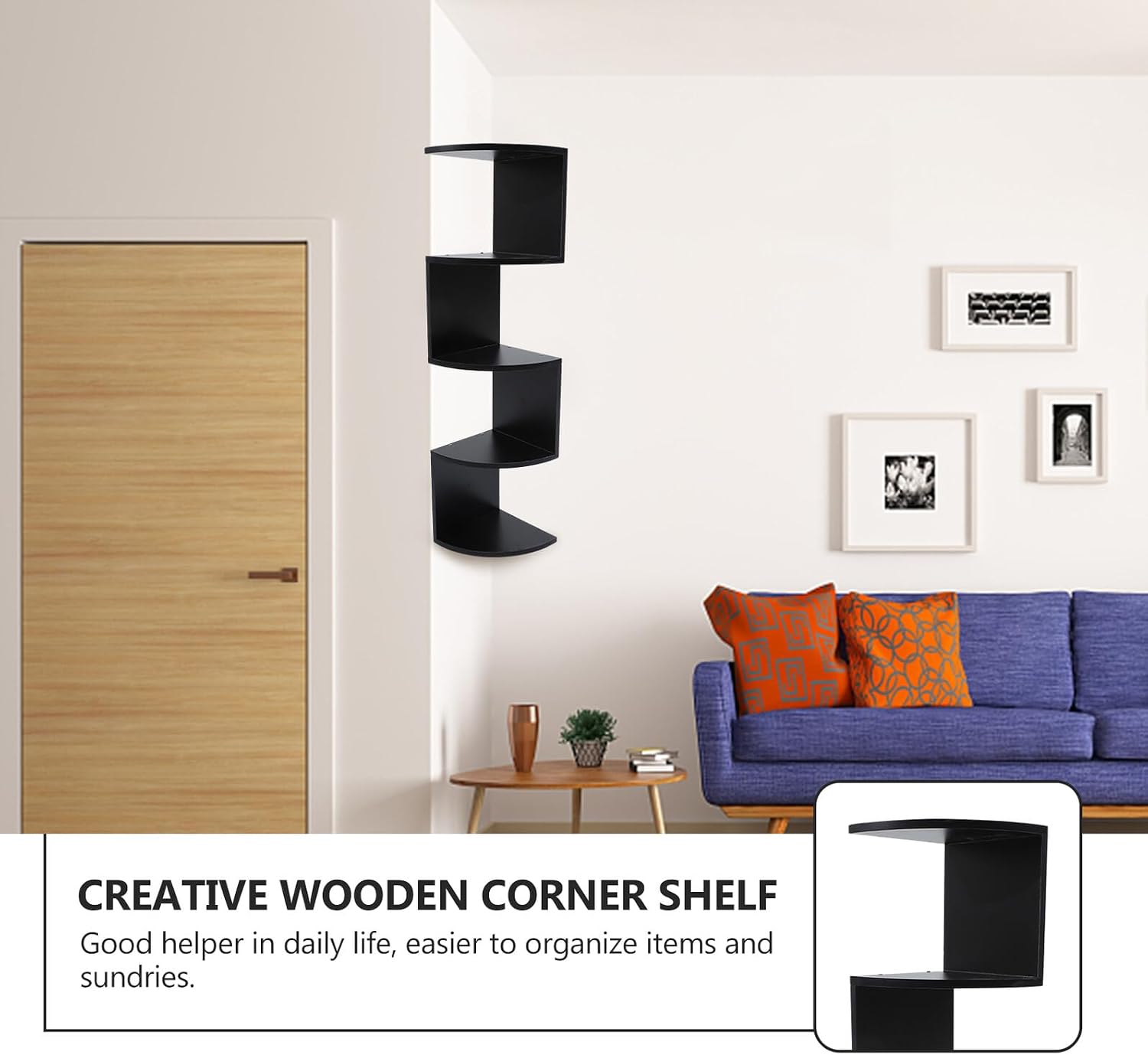 Modern Style Wooden 5-Tier Wall-Mounted Corner Shelf Black, Creative Home Storage Rack for Living Room Bedroom Kitchen, Decorative Floating Bookshelf Organizer