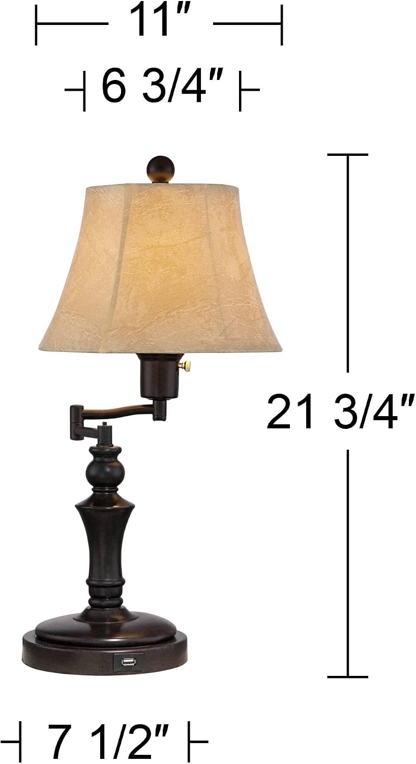 Regency Hill Corey 21 3/4' High Small Farmhouse Rustic Traditional Desk Lamps Set of 2 USB Port with Socket Swing Arm Brown Bronze Finish Metal Shade Home Office Living Room Charging Bedroom Bedside