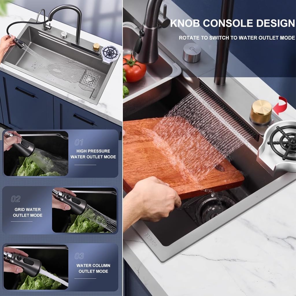 Stainless Steel Waterfall Sink Multi-functional Single Bowl Bar Sink with Pull-Out Faucet Kitchen Sink with Cup Washer Nano-Coated Workstation Sink (Color : A, Size : 75x45x22cm) (A 68x45x22cm)