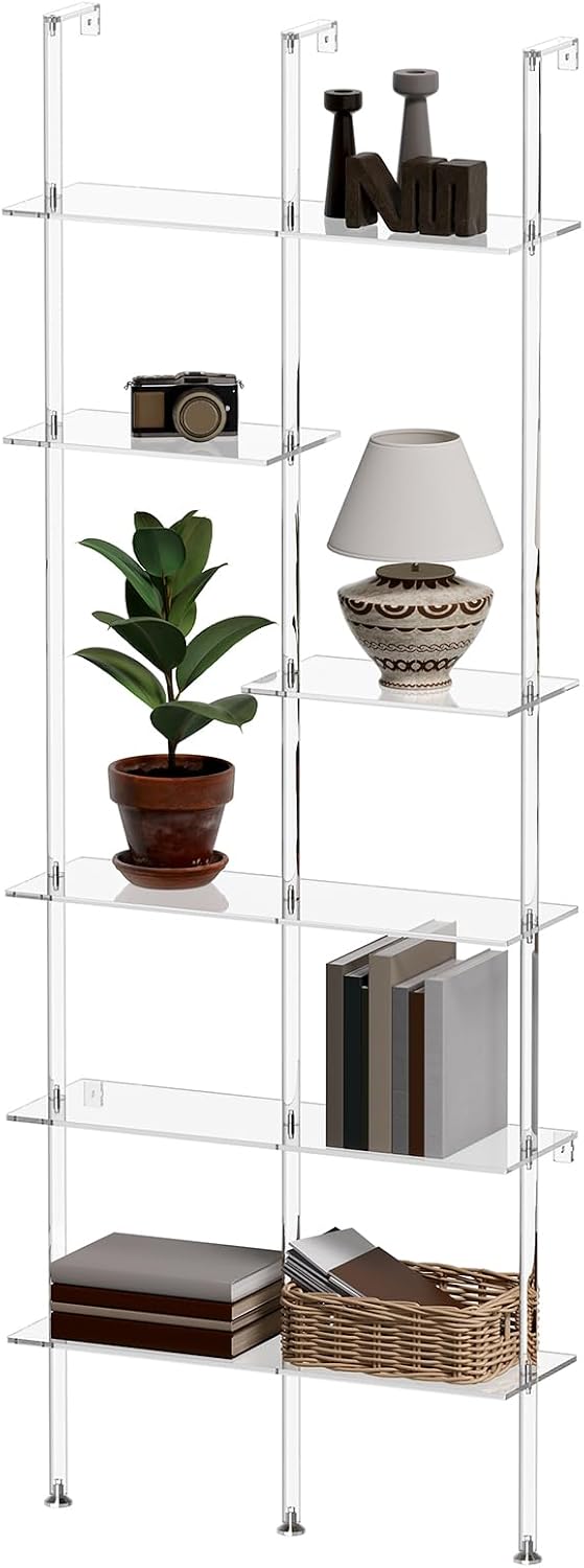 Narrow Acrylic Bookshelf, Wall Mounted, 6-Tier Clear Ladder Bookshelf with Open Shelves, Multipurpose Bookcase for Living Room, Bathroom, Office, Modern, 9.5' D x 29.5' W x 81.7' H