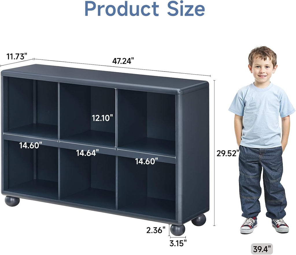 ONBRILL Kids Bookcase with 6 Cube Storage, Toy Storage Organizer with All-Rounded Design, Montessori Shlef with Sphere Foot, Kids Bookshelf for Playroom, Bedroom, Nursery, Classroom (Navy Blue)