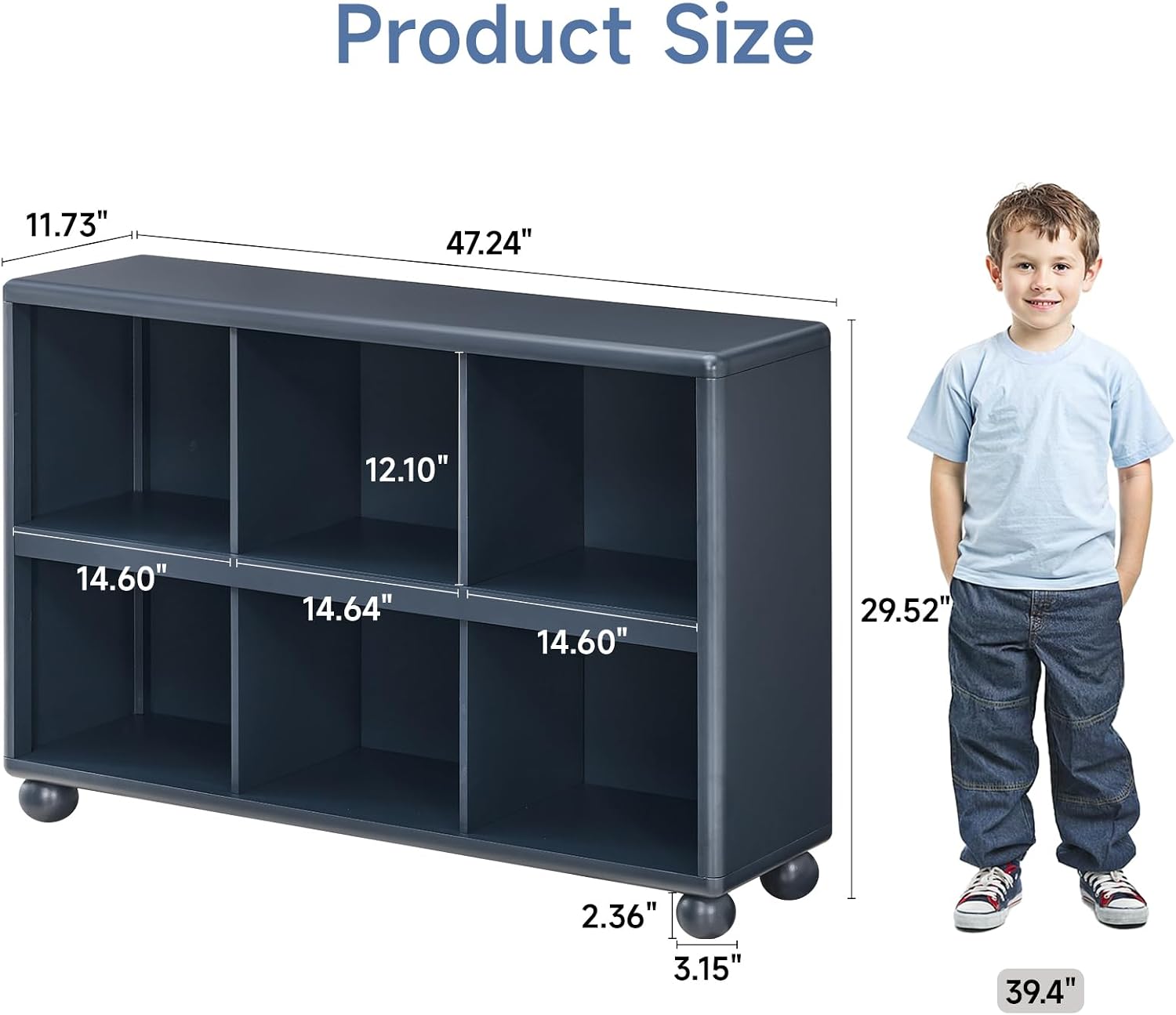 ONBRILL Kids Bookcase with 6 Cube Storage, Toy Storage Organizer with All-Rounded Design, Montessori Shlef with Sphere Foot, Kids Bookshelf for Playroom, Bedroom, Nursery, Classroom (Navy Blue)