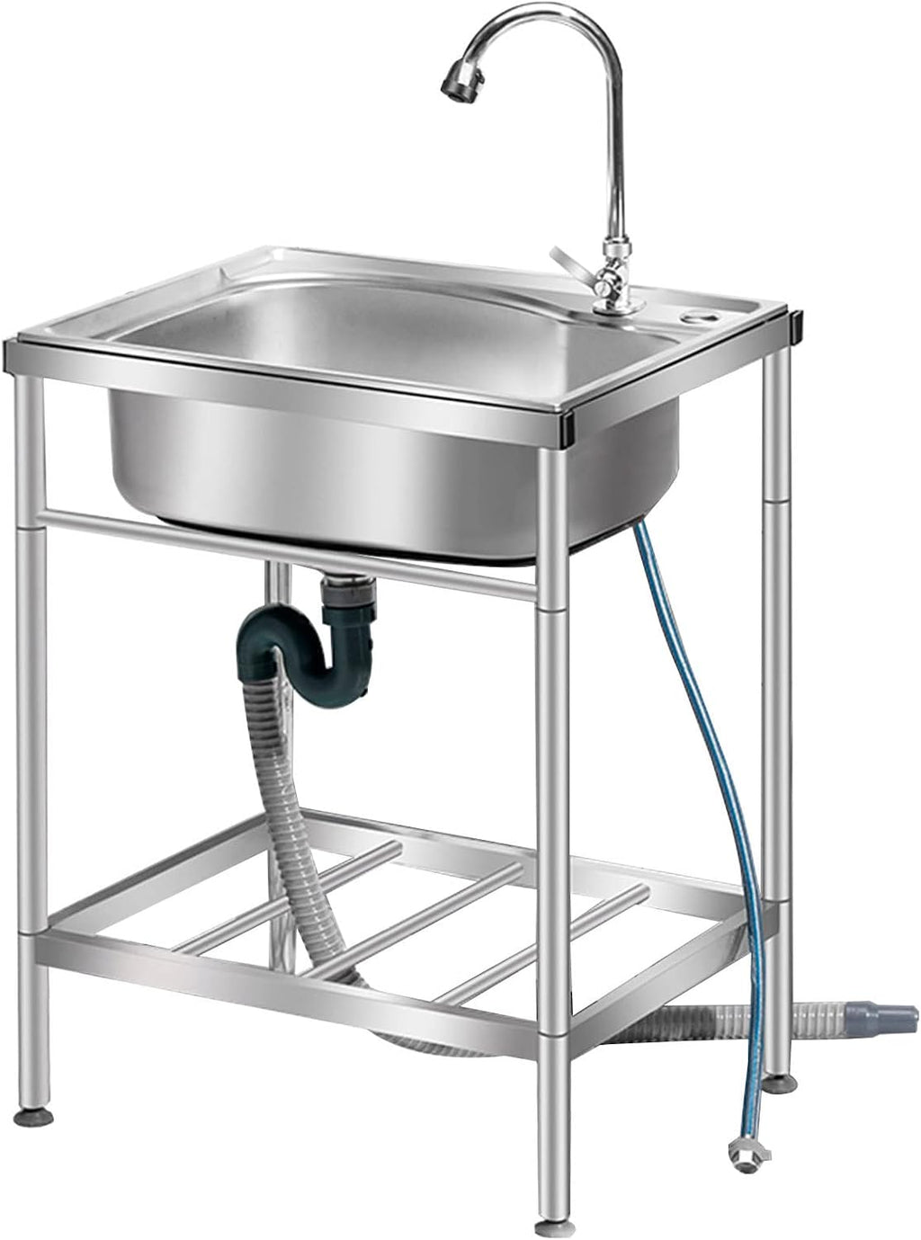 Commercial Stainless Steel Single Bowl Sink Freestanding Kitchen Sink with Faucet and Storage Shelves Restaurant Utility Sink Washing Hand Basin