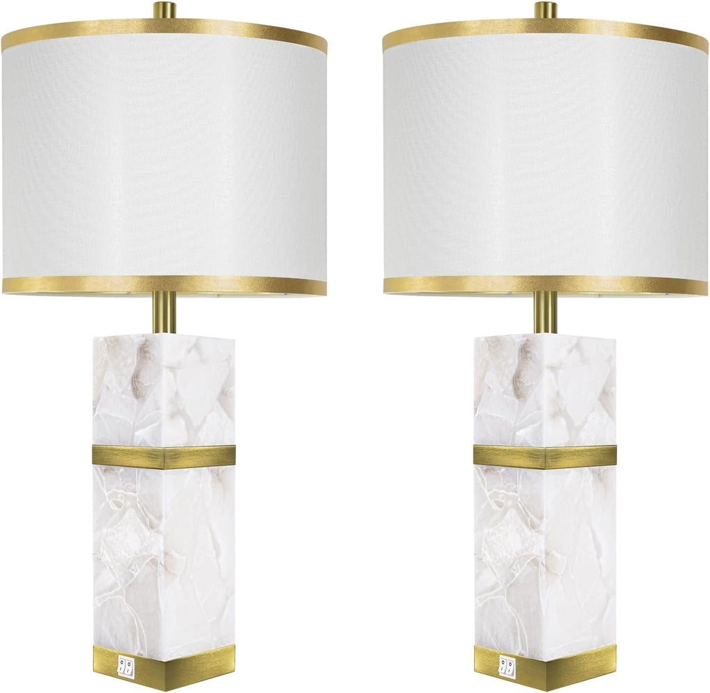 Natural Alabaster Table Lamps Set of 2 - Table Lamp with Night Light for Bedroom,Nightstand Lamps with USB Ports,Bedside Lamps with Linen Fabric Shade for Living Room,Bedroom,Office,Bar(Bulb Included)