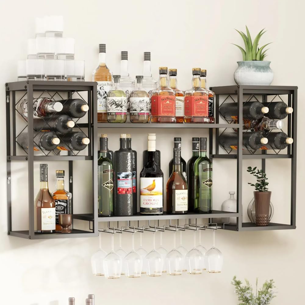 Wall Mounted Wine Rack with Glass Holder for Home Bar Storage | Display Spirits & Glasses in Restaurants, Home Kitchens or Studios. Provides Effortless Storage Access