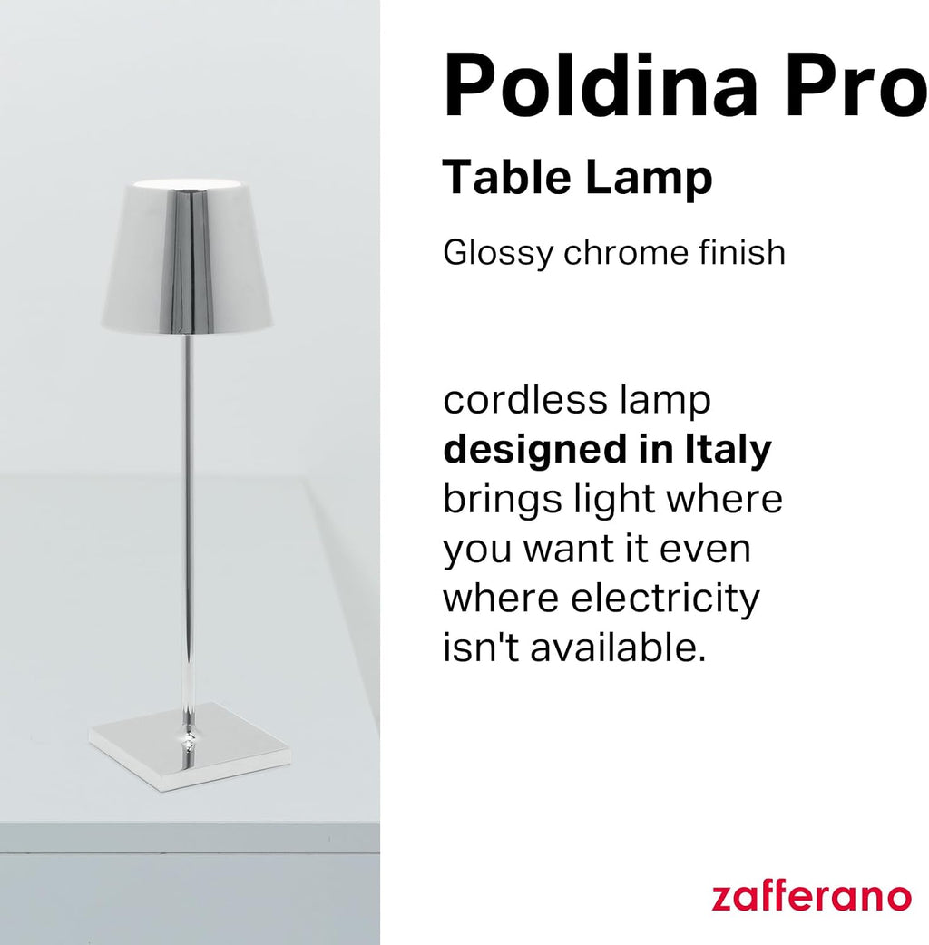 Zafferano, Poldina Pro Lamp with with Glossy Chrome Finish, Rechargeable Cordless Table Lamp with Touch Controls, Usable as an Indoor Lamp, Dimmer, 2200-3000 K, Height 14.9 Inches