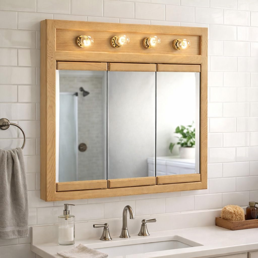 Design House Richland Medicine Cabinet with 4 Lights, Fully Assembled, Wall Mounted, 3 Mirrored Doors, Wood Frame, Oak Finish, 30 in x 5 in x 30 in, 530600-NOK
