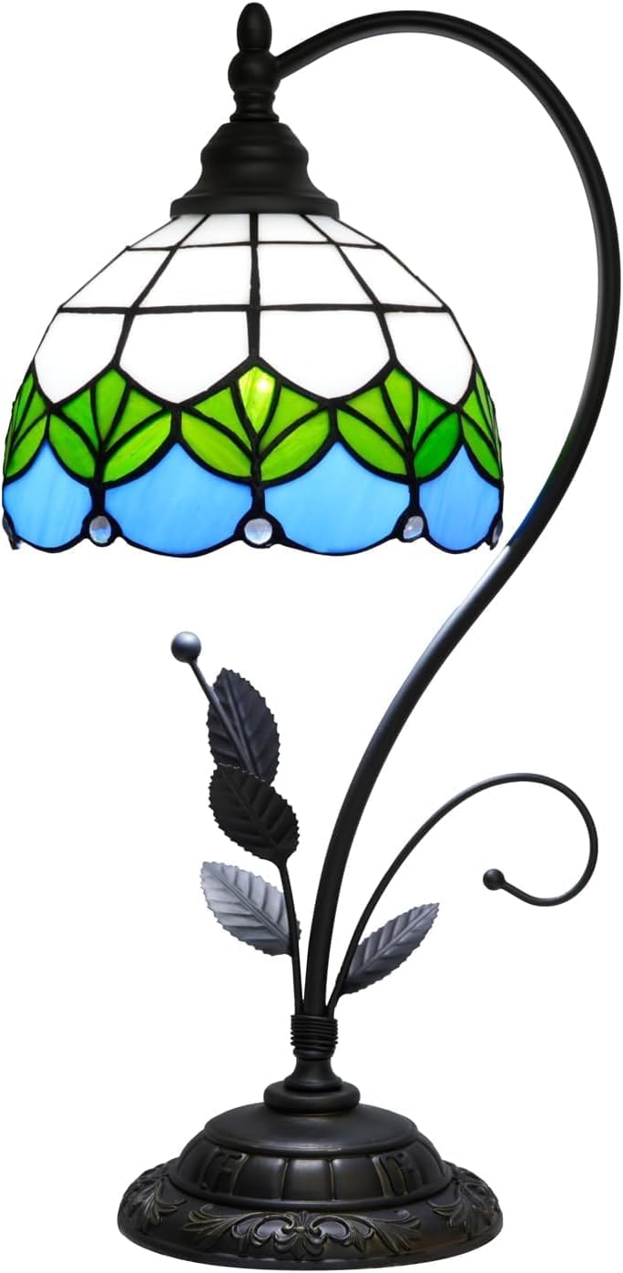 Rural Green Lotus Leaf Style Tiffany Lamp Stained Glass Table Lamp Living Room Office Hotel Bar Kitchen Table Reading Room Bedside end Table Lamp Holiday Gift Home Decoration LED Vintage Desk Lamp