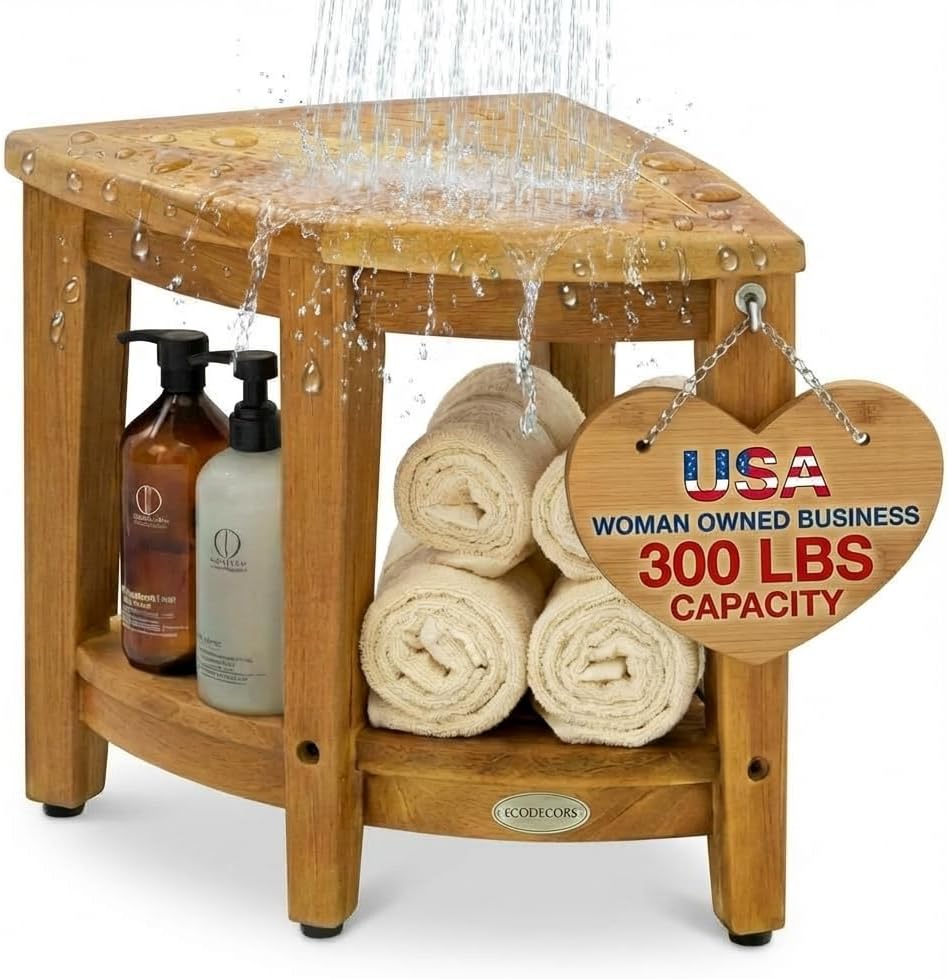 EcoDecors Corner Teak Shower Bench with Shelf – 16' x 18' Height- Teak Shower Stool with Shelf, Waterproof, 350lb Capacity Non-Slip | for Inside Shower | Tool-Free Assembly | Aging in Place