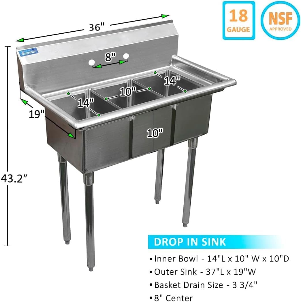 36' 3 Compartment Stainless Steel Utility Sink – Bowl Size 10' x 14' x 10' | NSF Certified Commercial Kitchen Prep Sink