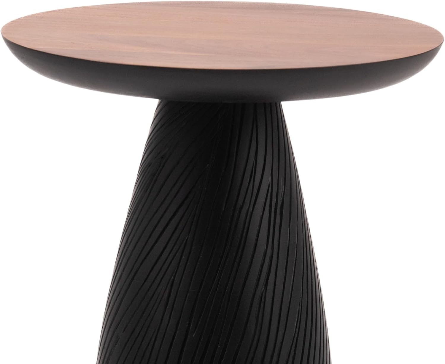 Modern Black & Walnut Wood Accent Table – Handcrafted Drum Pedestal Side Table for Living Room, Bedroom, or Office – Sleek Round Top with Textured Carved Base Black