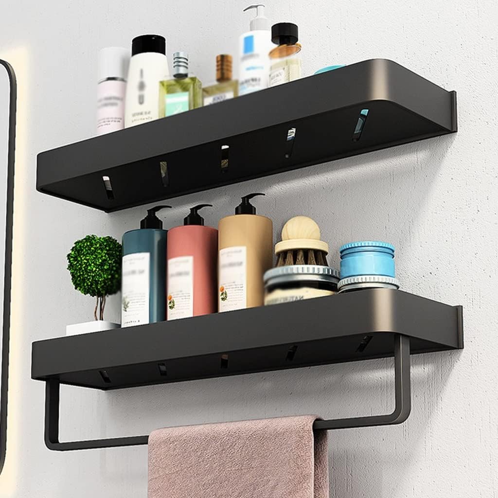 Multifunctional Shower Caddy Floating Shelves Bathroom Shelf Aluminum Black Shower Gel Corner Shelf Punch-Free Cosmetics Organizer Shelf Wall Mounted Kitchen with Towel Bar/50Cm (40cm)