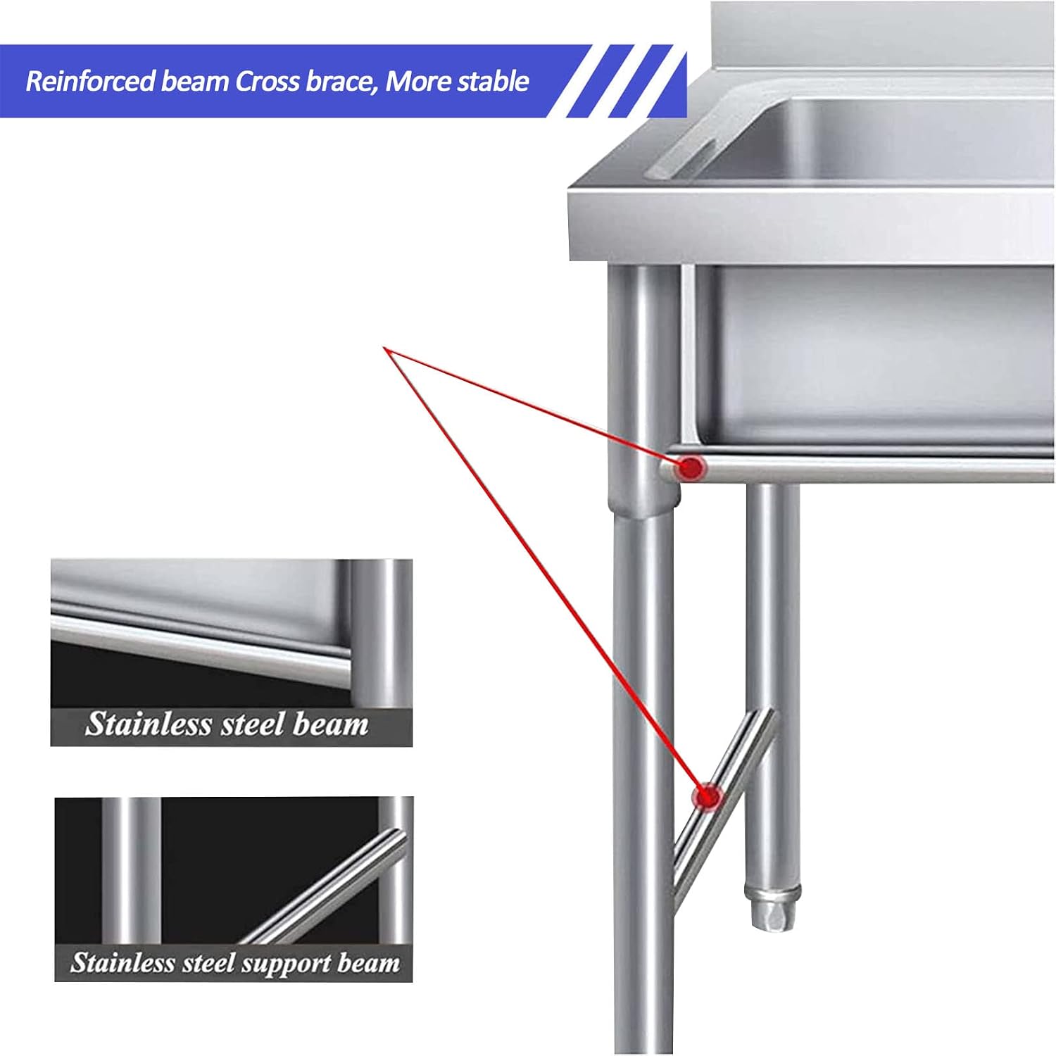 Single Bowl Sink Free Standing Stainless-Steel Kitchen Sink Set Commercial Sink for Restaurant, Bar, Laundry