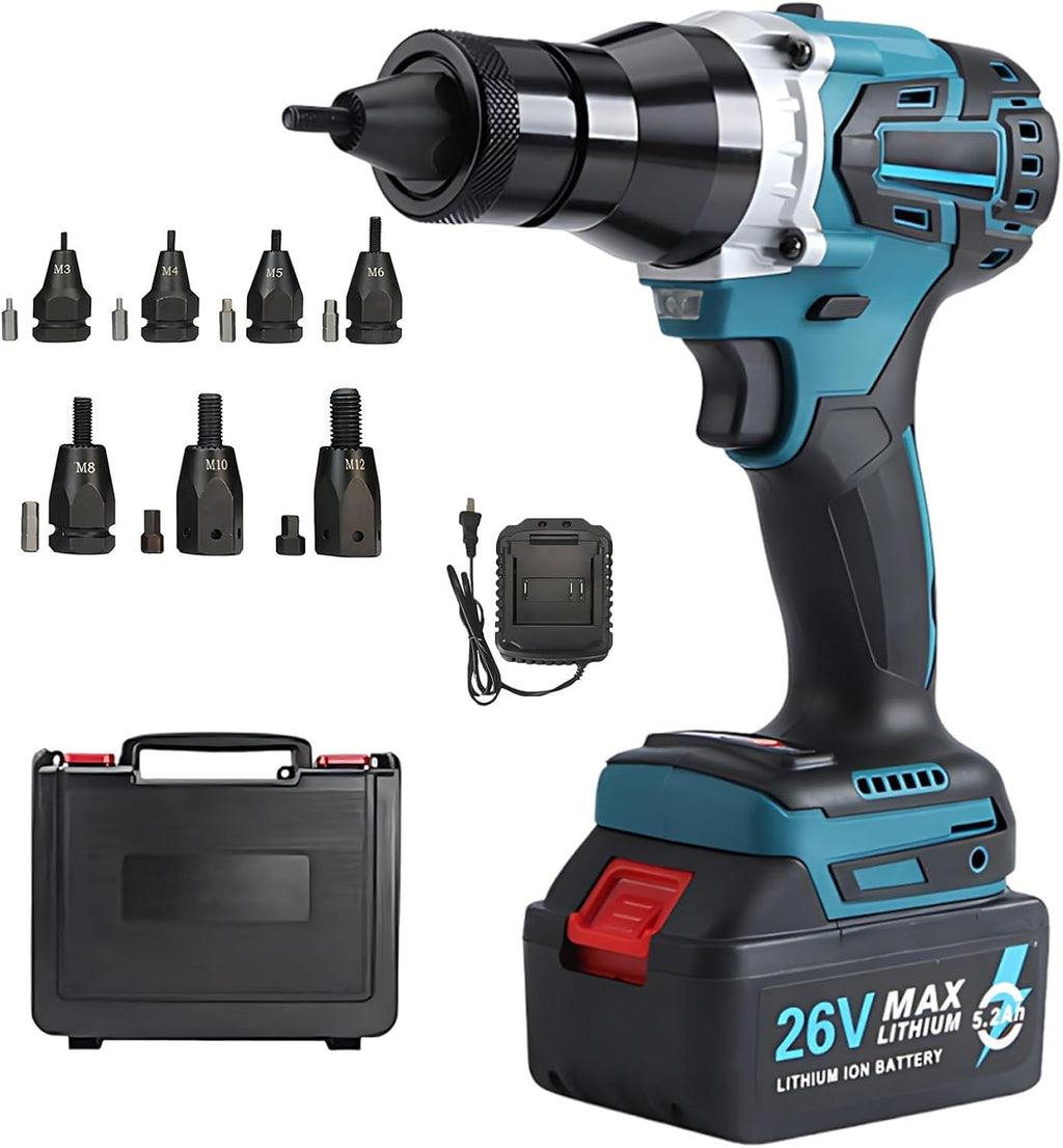 SHAHRYAR with M3 M4 M5 M6 M8 M10 M12 Head Electric Riveter,Battery Powered Pop Rivet Insert Installation Tool,5200mah Lithium Battery,2 Speeds,for Easy Assembly and Fastening