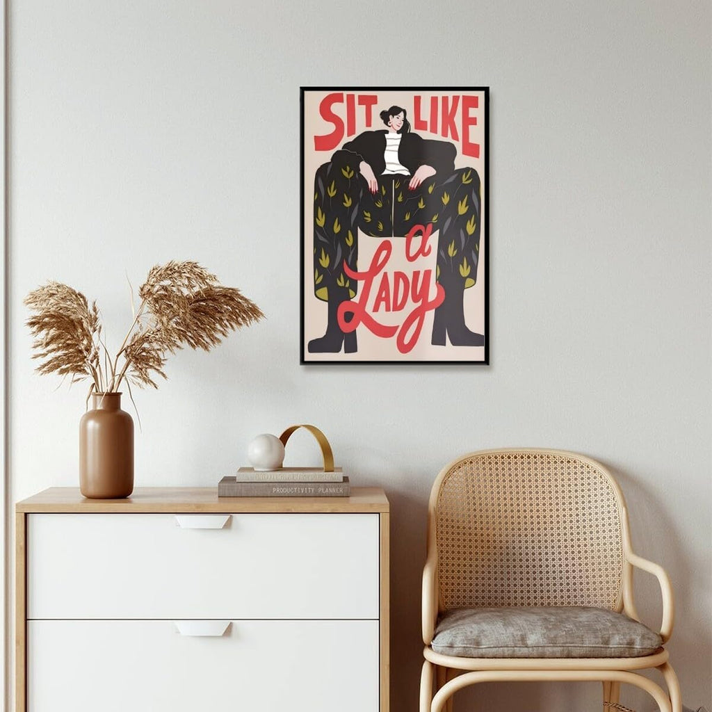 Retro Motivational Feminist Poster Trendy Sit Like a Lady Female Painting Abstract Girl Power Quote Womans Right Inspired Wall Decor for Girls Bedroom Dorm Office 24x36inch Black Aluminum Framed