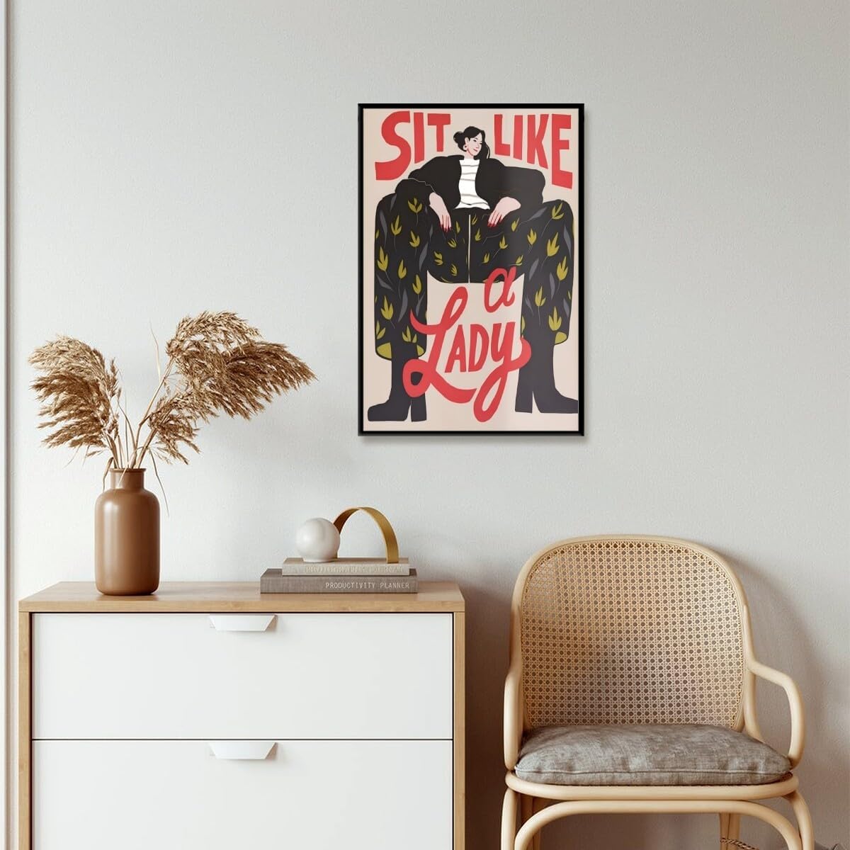 Retro Motivational Feminist Poster Trendy Sit Like a Lady Female Painting Abstract Girl Power Quote Womans Right Inspired Wall Decor for Girls Bedroom Dorm Office 24x36inch Black Aluminum Framed