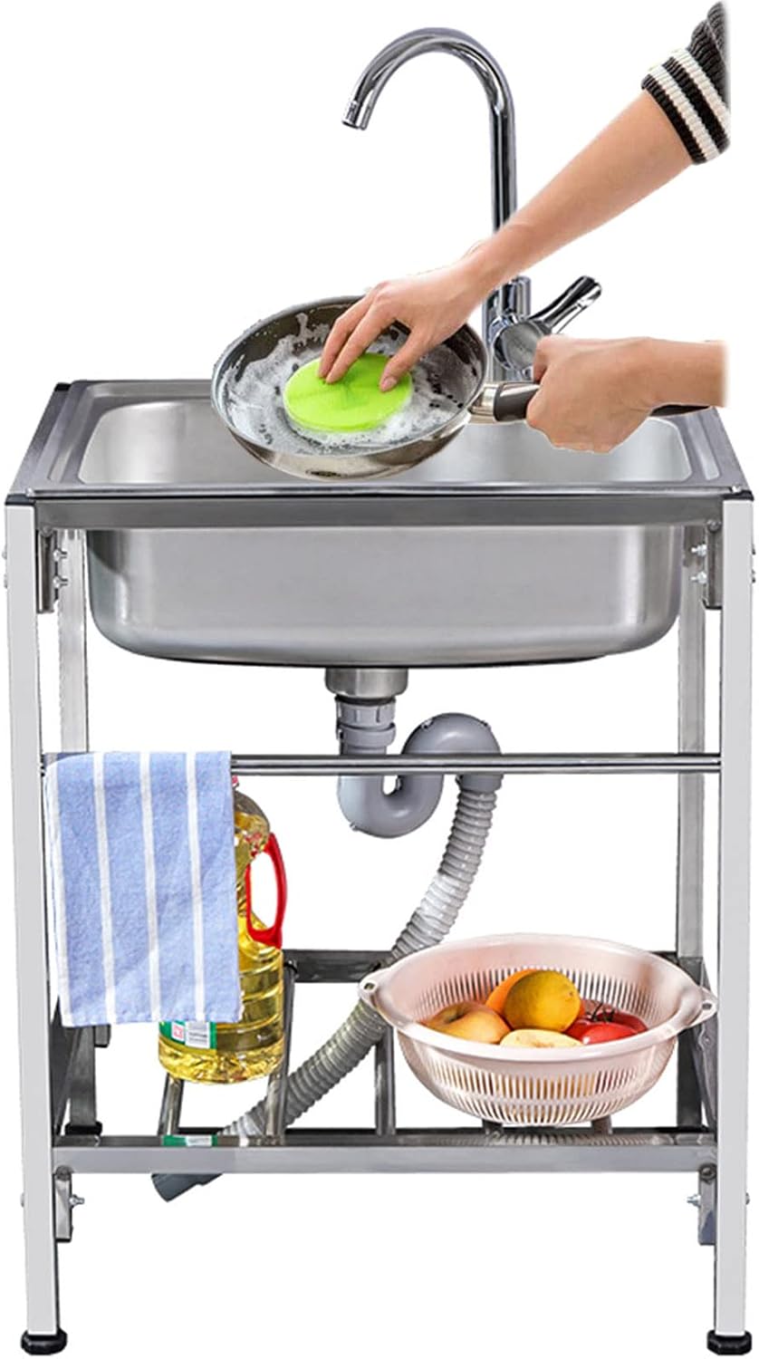 Single Bowl Sink Stainless Steel Bar Prep Utility Sink with Faucet and Storage Shelves, 1 Compartment Commercial Kitchen Free Standing Sink for Restaurant, Laundry, Garage