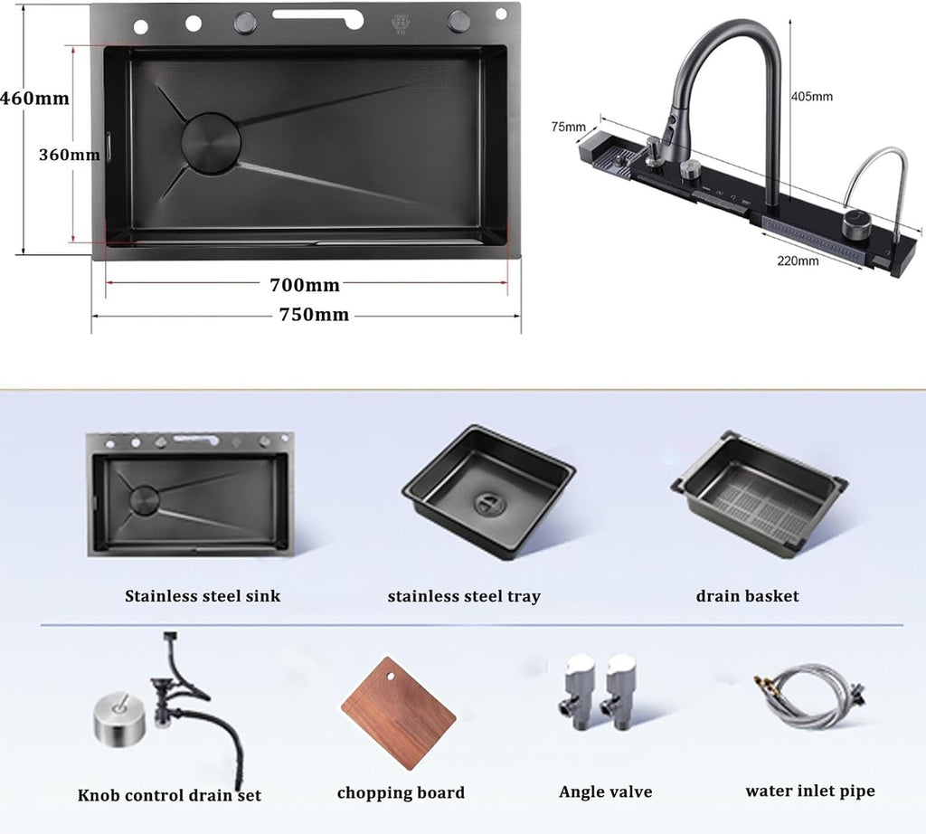 Stainless Steel Sink Black Kitchen Sink Digital Waterfall Faucet Single Bowl Sink with Cup Washer Knob Controlled Drainage (75x46x22cm