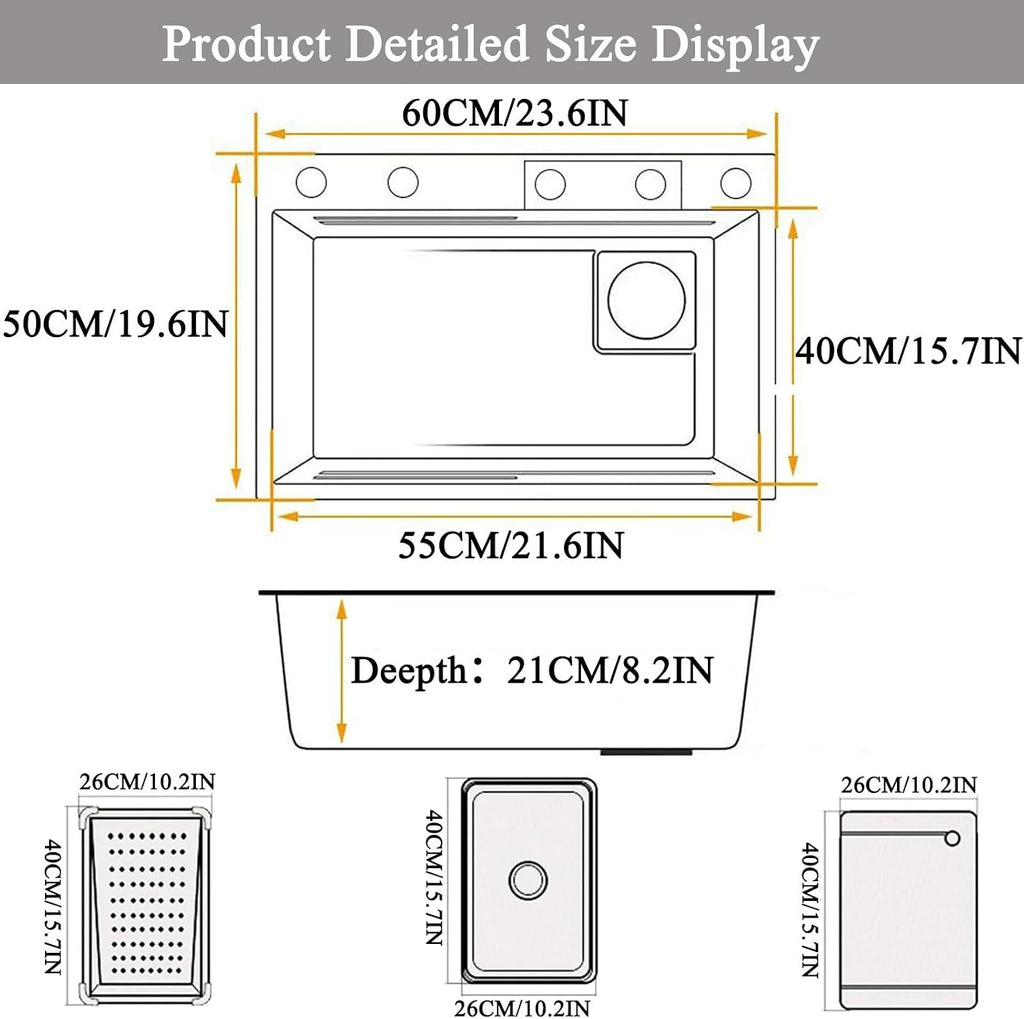 Waterfall Kitchen Sink Stainless Steel Top Mount Sink Black Nano Single Bowl Sink Multifunctional Workstation Sink with Pull-Out Faucet, Glass Cup Washer, D(Black-65x50x22cm