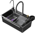 JATIBOSH Black Kitchen Sink 304 Stainless Steel Single Bowl Sink Waterfall Sink Workstation Multifunctional Sink with Accessories