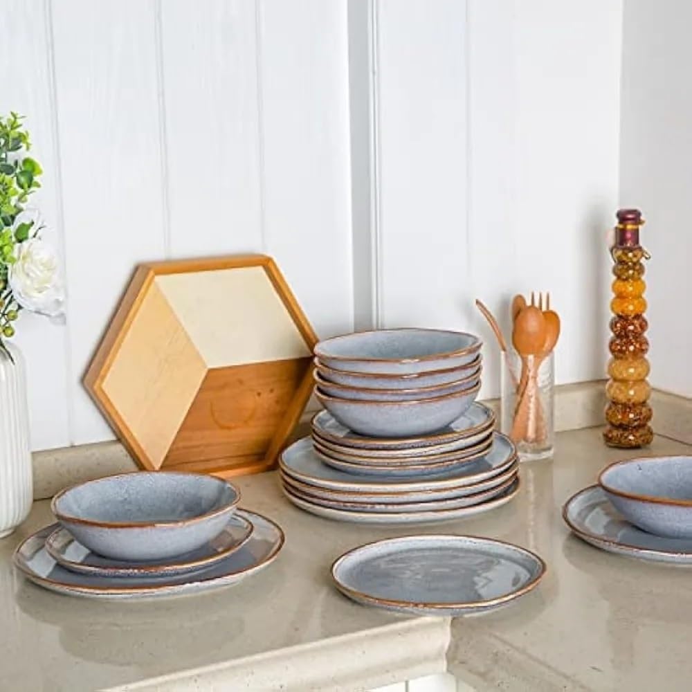 Handmade Reactive Glaze Stoneware Plates Dinnerware Dish Set Ceramic Dinner of 6