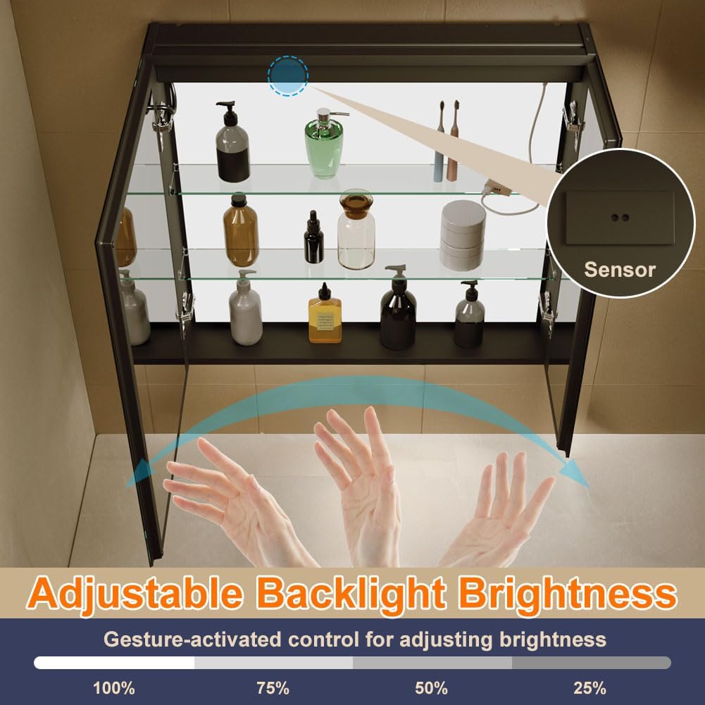 KWW LED Lighted Bathroom Medicine Cabinet with Backlit Panel, Sockets & USBs. Anti-Fog, Dimmable, 3 Color Light Makeup Mirror, Easy to Install, Wall Mounted (Inner Glow-2 door-30 * 28)