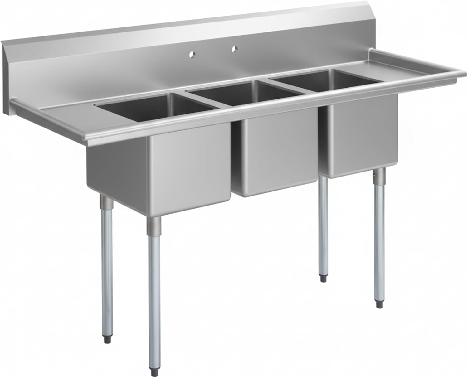 Commercial Three Compartment Sink, 70 Inch Stainless Steel, 14x16x12 Inch Bowls, Galvanized Steel Legs, Double Drainboard, NSF Listed