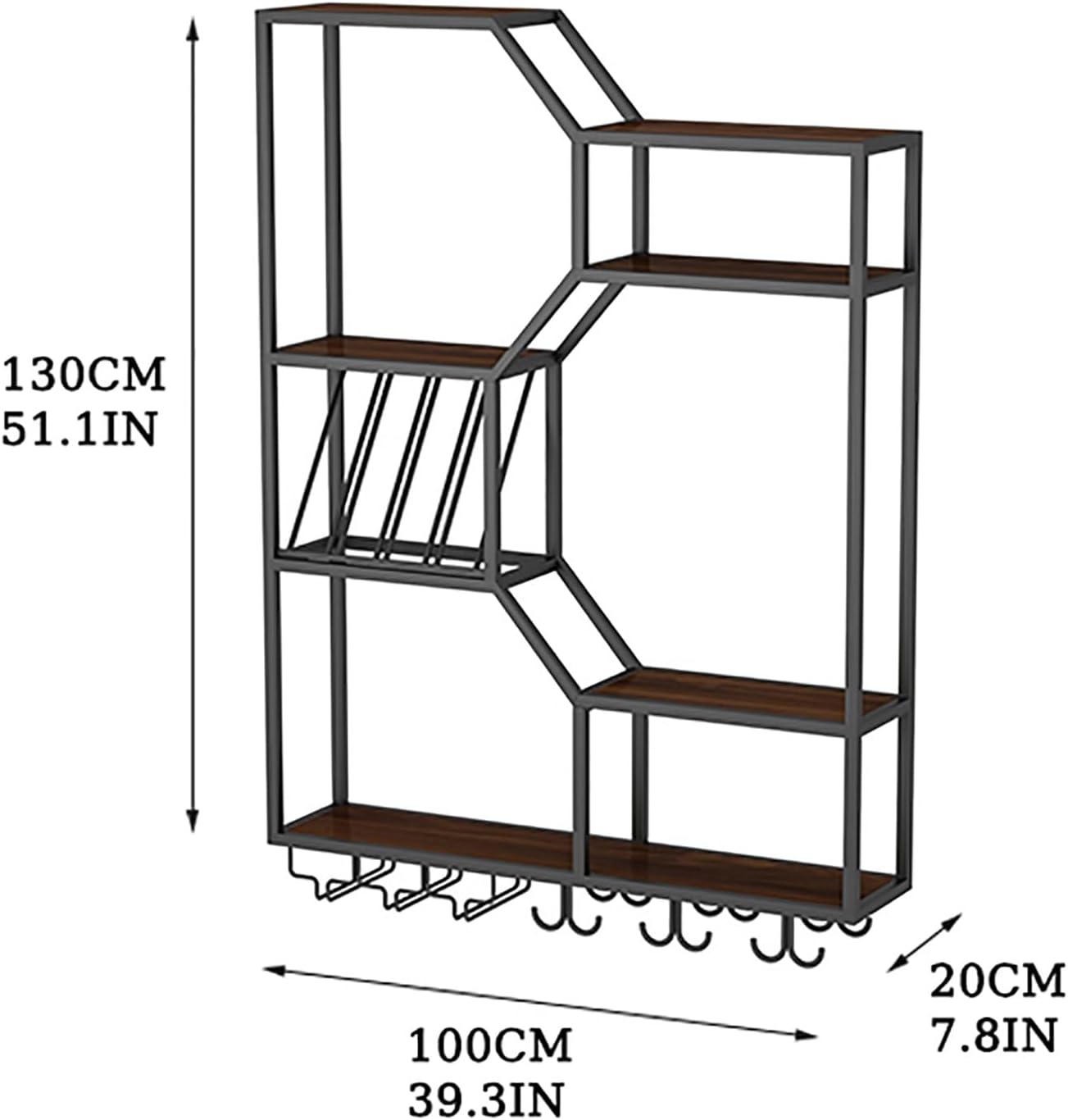 Wine Rack Bar Shelves Wall Mounted with Hanging Wine Glass Rack with Light Strip Whiskey Shelf Corner Bar Kitchen Storage Shelves Mini Bar Liquor Cabinet Bar Bottle Displ,Blacka100X20X130Cm