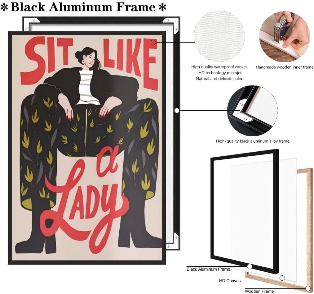 Retro Motivational Feminist Poster Trendy Sit Like a Lady Female Painting Abstract Girl Power Quote Womans Right Inspired Wall Decor for Girls Bedroom Dorm Office 24x36inch Black Aluminum Framed