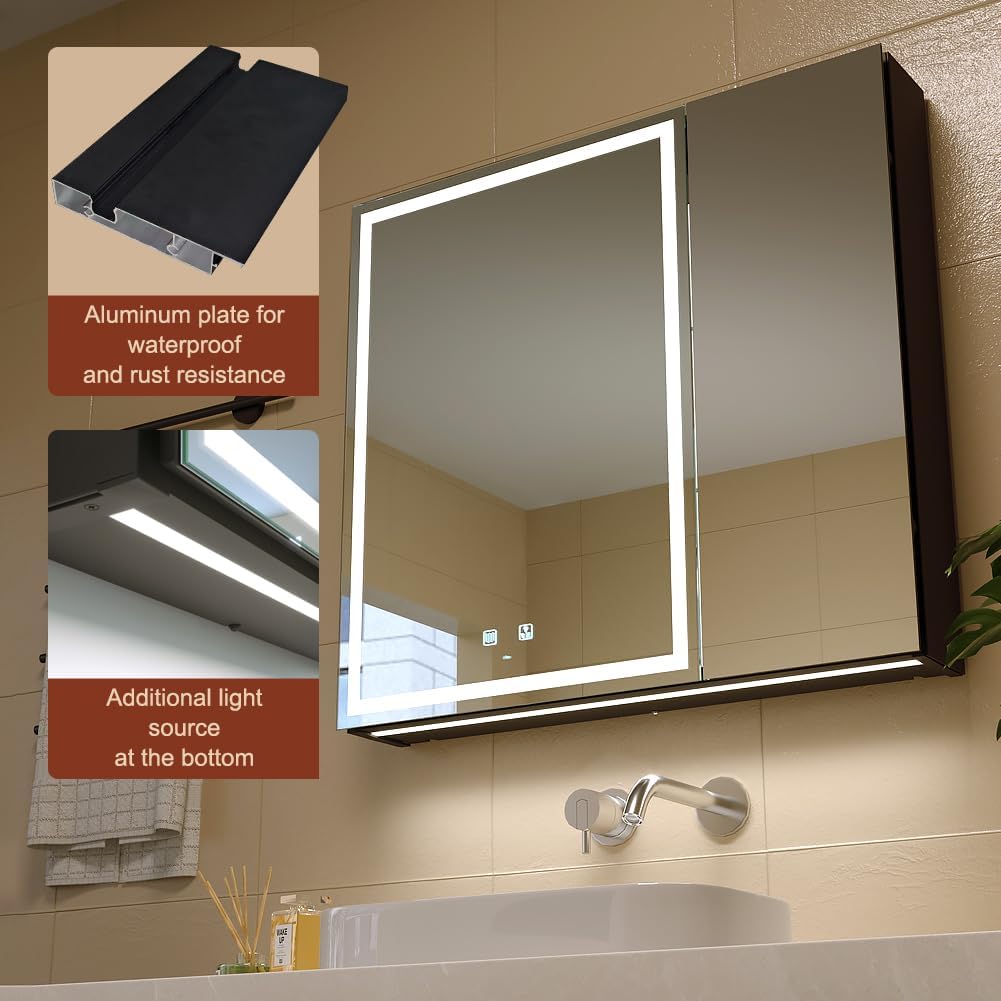 KWW LED Lighted Bathroom Medicine Cabinet with Backlit Panel, Sockets & USBs. Anti-Fog, Dimmable, 3 Color Light Makeup Mirror, Easy to Install, Wall Mounted (Inner Glow-2 door-30 * 28)