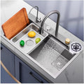 Stainless Steel Waterfall Sink Multi-functional Single Bowl Bar Sink with Pull-Out Faucet Kitchen Sink with Cup Washer Nano-Coated Workstation Sink (Color : A, Size : 75x45x22cm) (A 68x45x22cm)