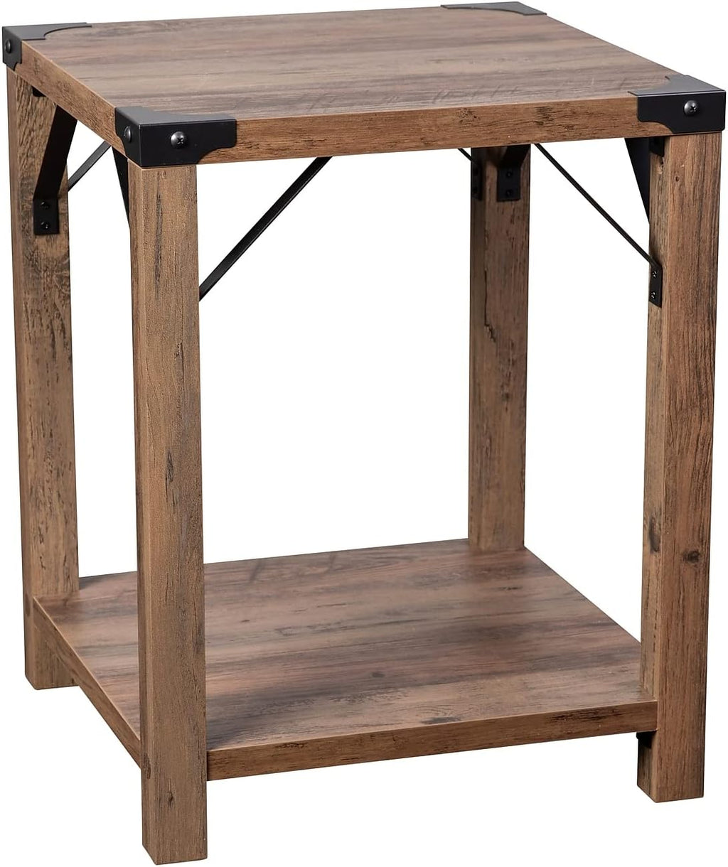 Flash Furniture Wyatt Modern Farmhouse 2 Tier Side Table - Rustic Oak Engineered Wood Frame - Black Metal Crisscross Side Braces and Corner Accents