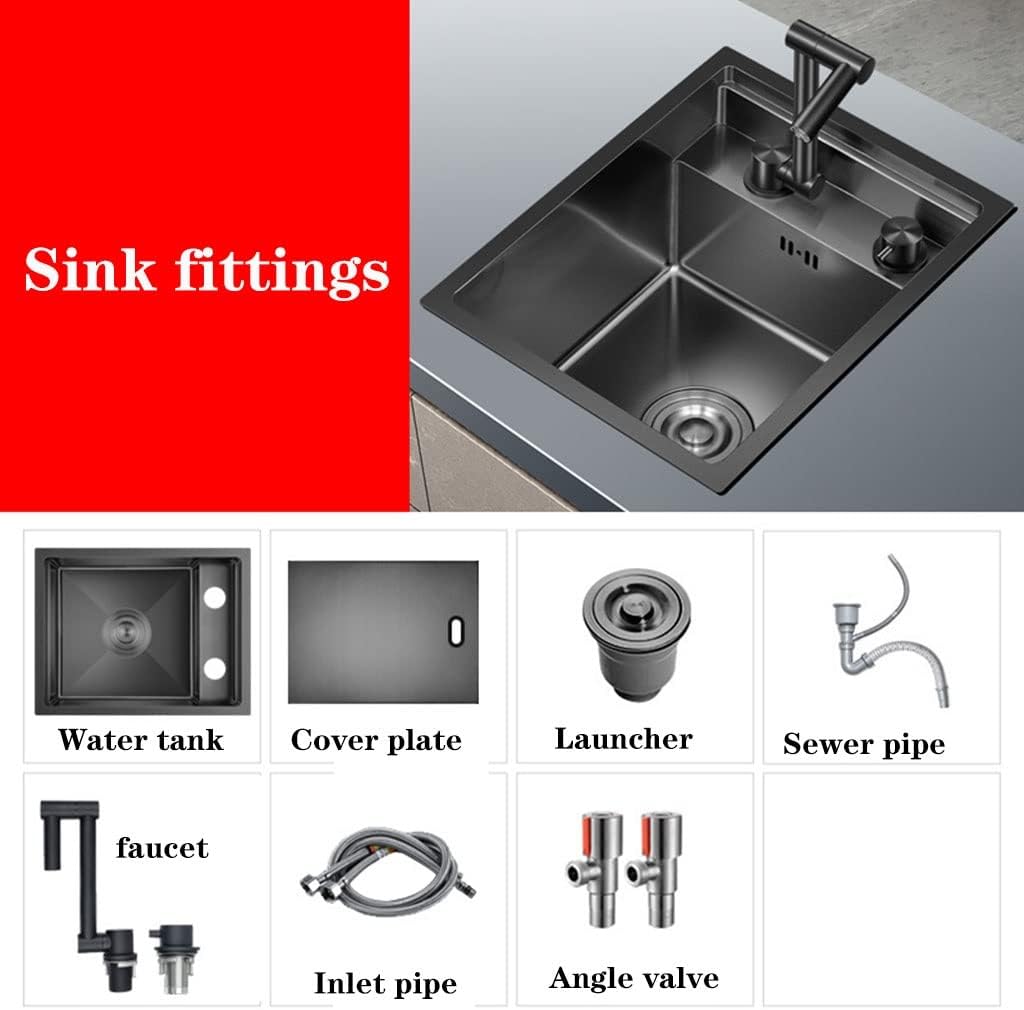 Kitchen Sinks, Single Bowl Stainless Steel Bar Sink Kitchen Concealed Single Bowl Sink Dish Basin Small Sink with Cover (Black-30 * 45 * 23Cm