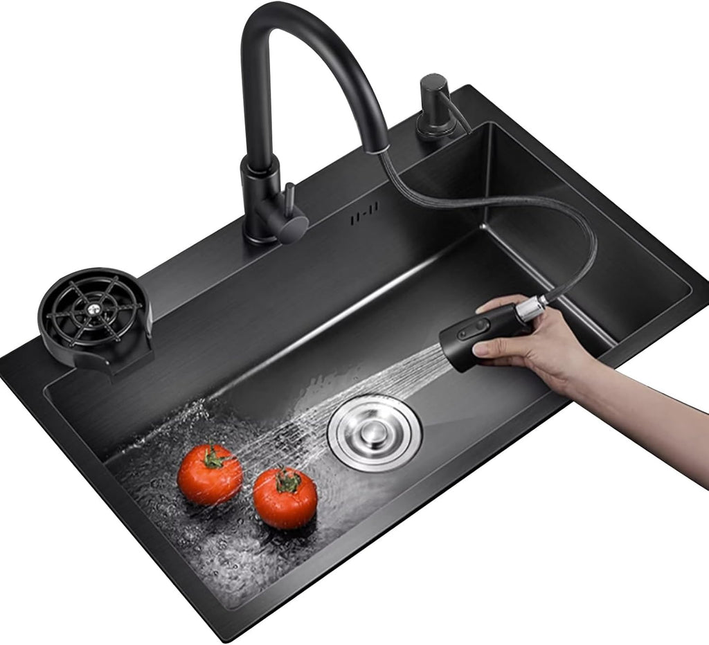 Kitchen Sinks,Stainless Steel Sink Single Bowl Sink, Kitchen Sink Pullout Faucet Includiglass Washer and Accessories/Black/50 * 45 * 20Cm (Black-50 * 45 * 20Cm