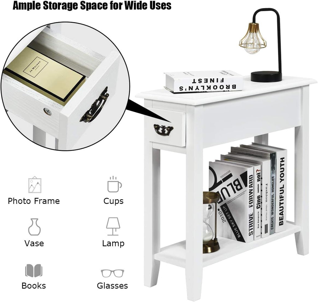 Tangkula Narrow End Table, Wood Small Side Table with Drawer & Open Shelf, Slim Nightstand for Small Spaces, Skinny Bedside Table for Living Room Bedroom, 9.8 x 23.6 x 23.6 Inches