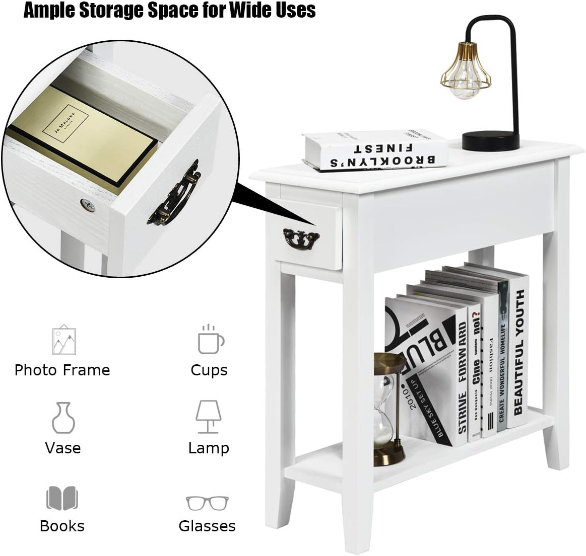 Tangkula Narrow End Table, Wood Small Side Table with Drawer & Open Shelf, Slim Nightstand for Small Spaces, Skinny Bedside Table for Living Room Bedroom, 9.8 x 23.6 x 23.6 Inches