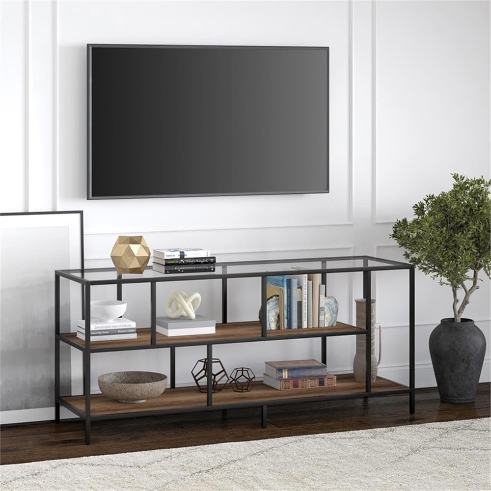 Henn&Hart Rectangular TV Stand with MDF Shelves for TV's up to 60' in Blackened Bronze/Rustic Oak, TV Stands for the Living Room