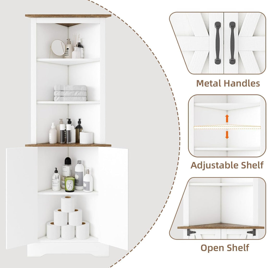 4 EVER WINNER Farmhosue Corner Cabinet, 68' Tall Corner Storage Cabinet with 5-Tier Adjustable Shelves and Barn Doors for Small Space, Living Room, Dining Room, Hallway, Bathroom, Kitchen, White