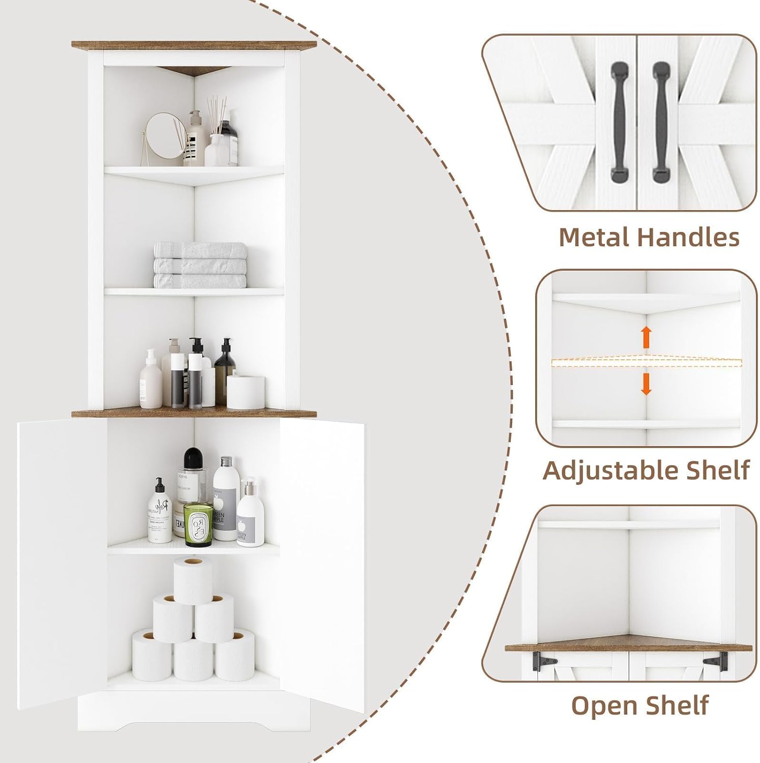 4 EVER WINNER Farmhosue Corner Cabinet, 68' Tall Corner Storage Cabinet with 5-Tier Adjustable Shelves and Barn Doors for Small Space, Living Room, Dining Room, Hallway, Bathroom, Kitchen, White