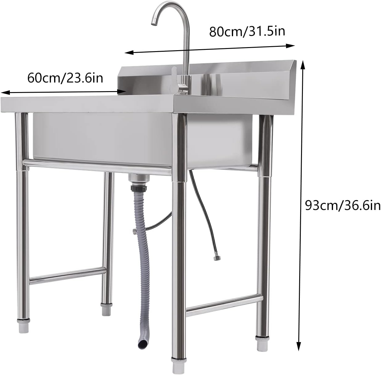 Commercial Stainless Steel Sink, Cold & Hot Water Double Basin Triple Utility Wash Sink, 360° Rotation and Double Layer Filter, Used for Garages, Laundry Room, Kitchen, Restaurant, Farm, Backyard