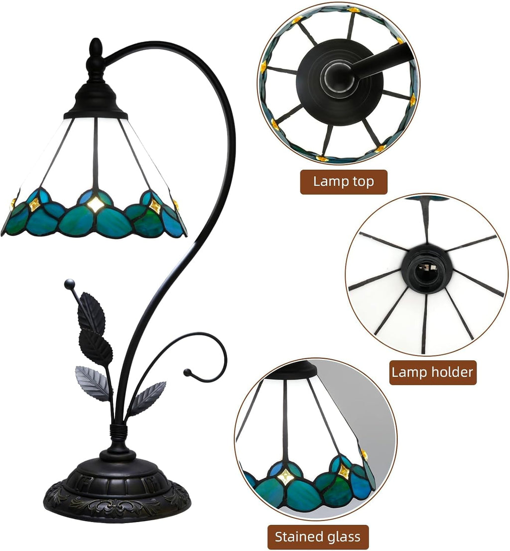 Vintage Green and White Tiffany Lamp Teal Countryside Leaf Style Stained Glass Table Lamp Living Room Bedroom Bedside Office Hotel Bar Kitchen Holiday Gift Small Space Home Decor Reading Desk Light