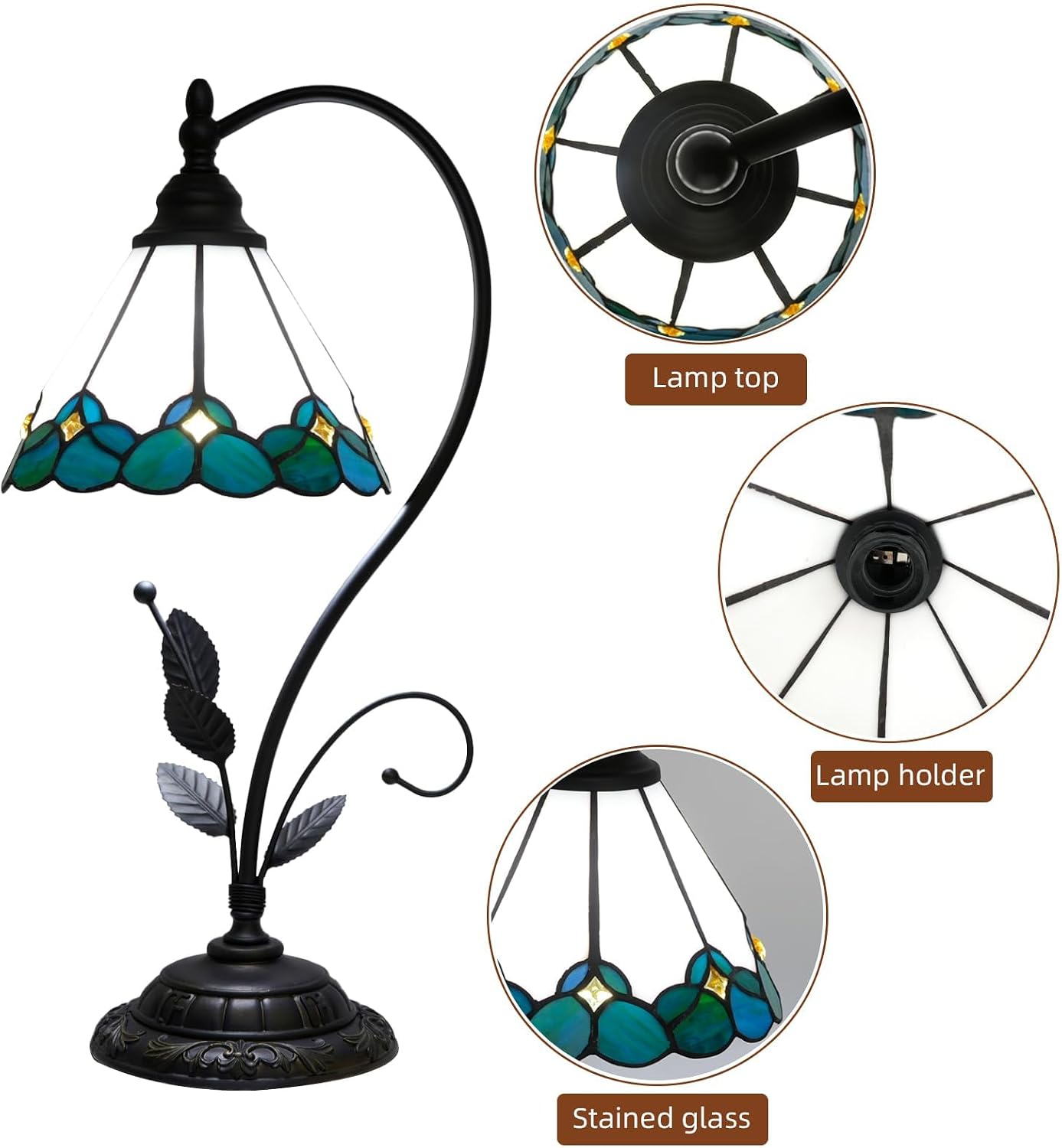 Vintage Green and White Tiffany Lamp Teal Countryside Leaf Style Stained Glass Table Lamp Living Room Bedroom Bedside Office Hotel Bar Kitchen Holiday Gift Small Space Home Decor Reading Desk Light