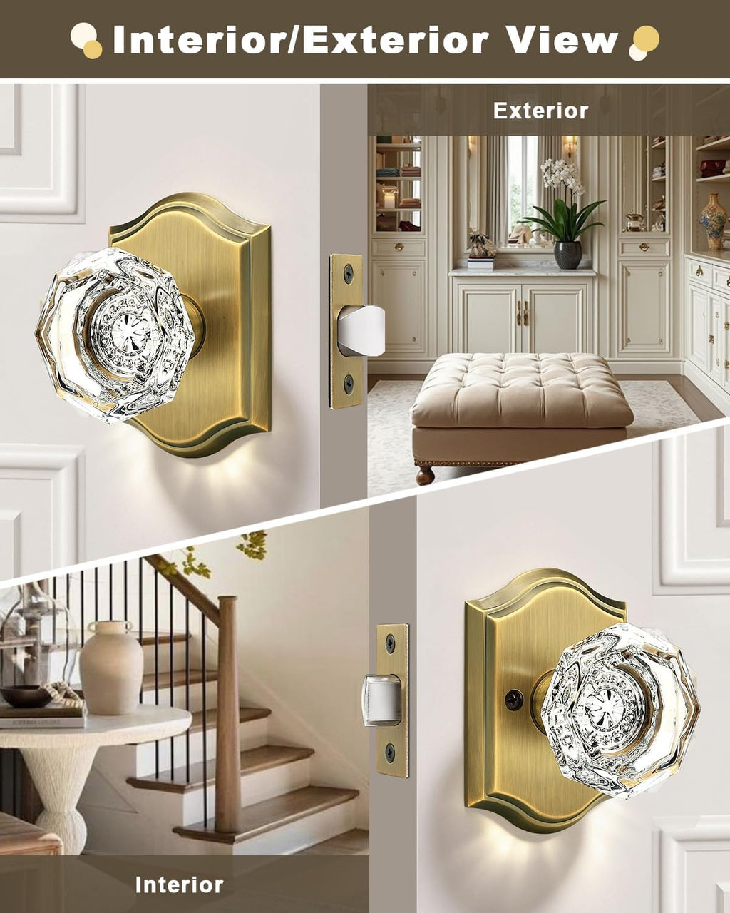 Gobrico Heavy Duty Crystal Glass Door Knobs 6 Pack,Passage Function for Interior Room,Keyless Snowflake Crystal Door Handles for Hall Closet Pantry,Antique Brass Finish