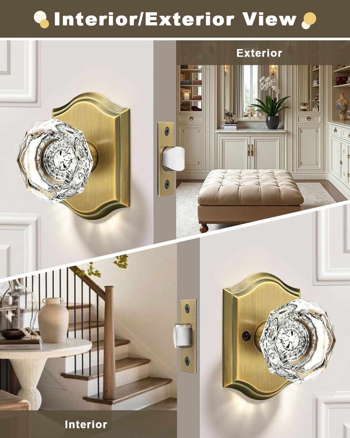 Gobrico Heavy Duty Crystal Glass Door Knobs 6 Pack,Passage Function for Interior Room,Keyless Snowflake Crystal Door Handles for Hall Closet Pantry,Antique Brass Finish