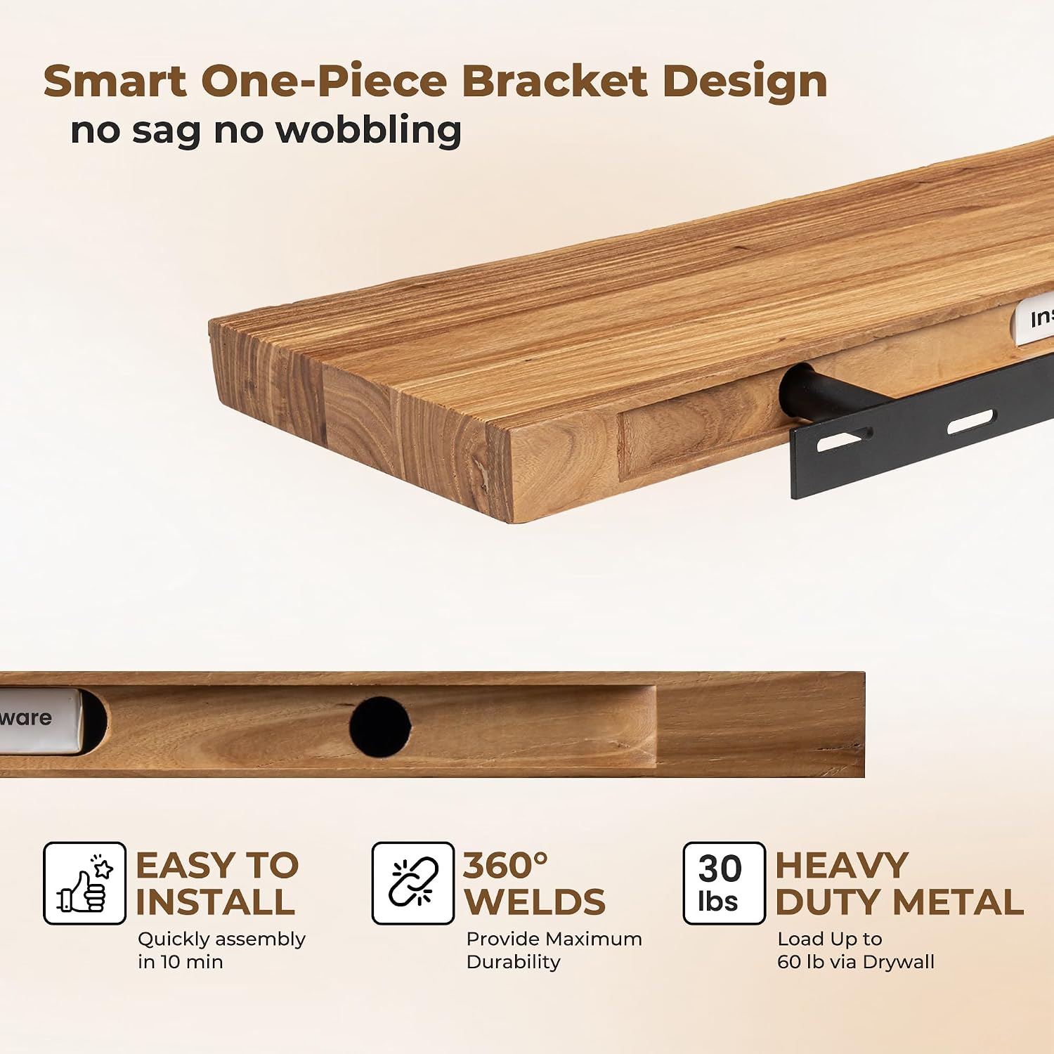 Axeman 48 inch Floating Shelves for Wall - 8'' D Live Edge Rustic Solid Elm Wood Floating Shelves Wall Mounted, Hanging Shelves with Invisible Bracket for Living Room Bedroom Kitchen, Natural