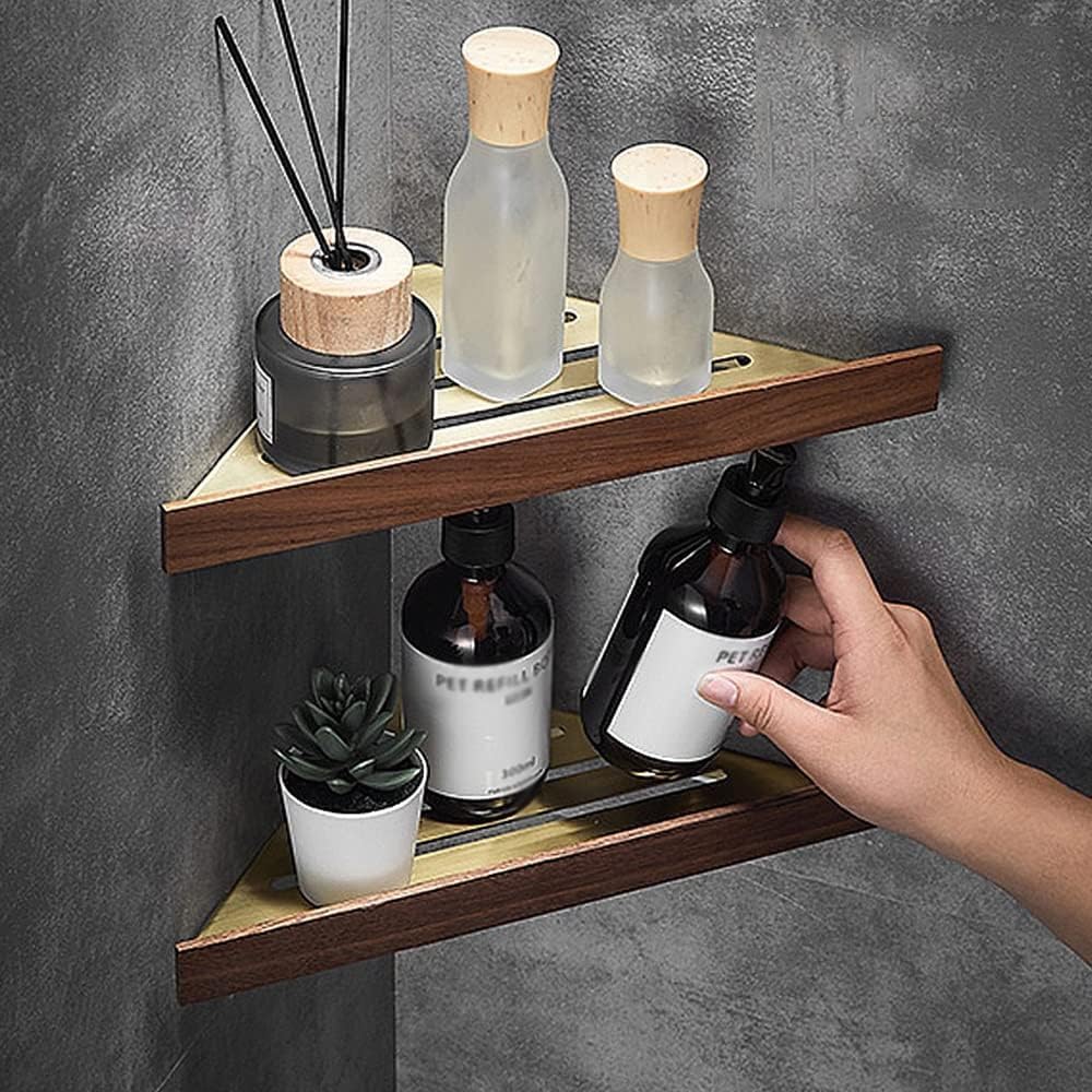 Floating Bathroom Corner Shelves - Wall-Mounted Brushed Walnut Caddy Double Layer nizer for Shower Kitchen & Cosmetics Storage Space-Saving Solution (B)