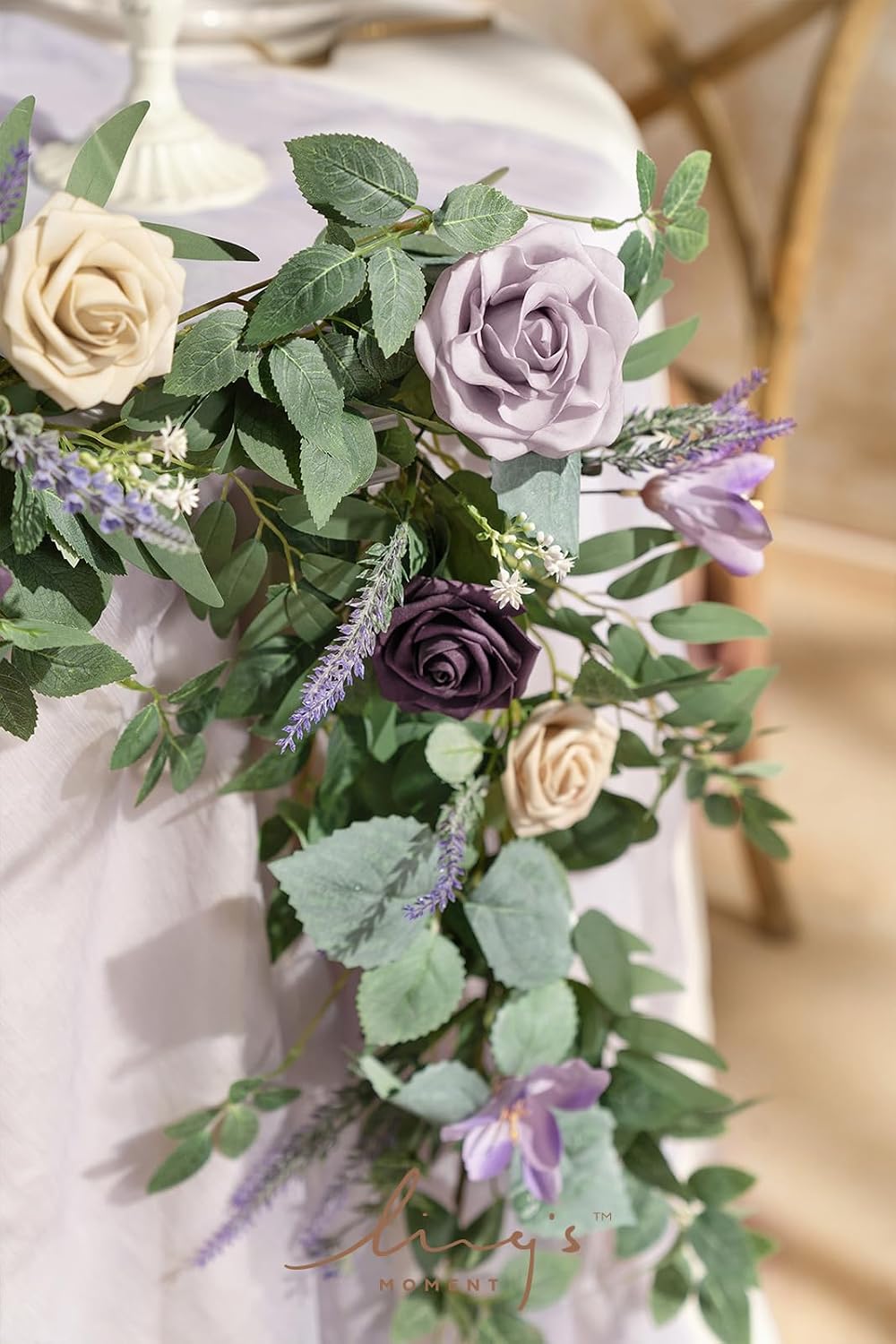 Ling's moment 9FT Eucalyptus and Willow Leaf Garland with White Flower, Handcrafted Wedding Sweetheart Table Centerpieces Head Table Decor Arch Backdrop Decorations for Wedding | Lavender Purple
